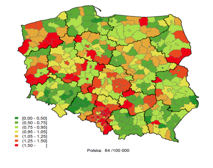 Rys. Statystyka umieralności Polaków w określonych regionach Polski na zawał serca